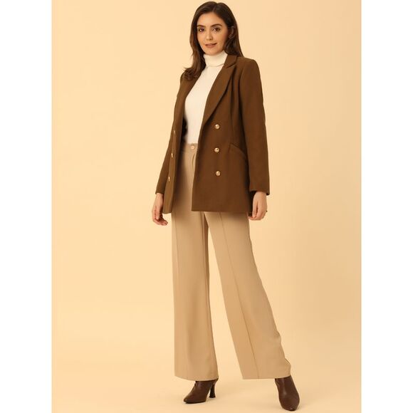 Double Breasted Short Pea Coat Tie Waist Winter Lapel Overcoat with Belt Caramel - Picture 3 of 5